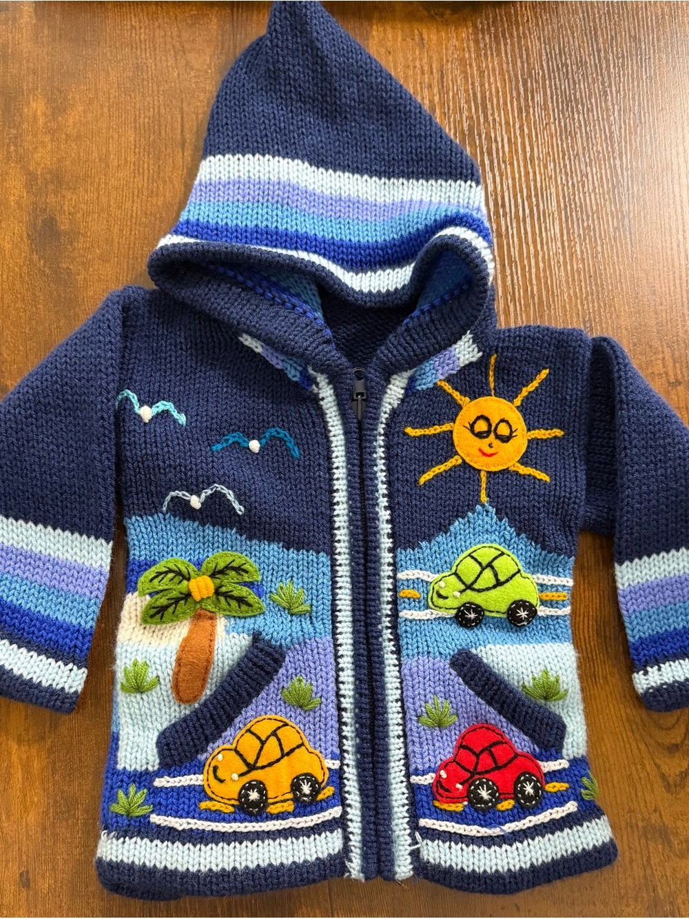Hand Crafted Navy Hooded Knit Jacket with Bright Car & Sun Appliqués